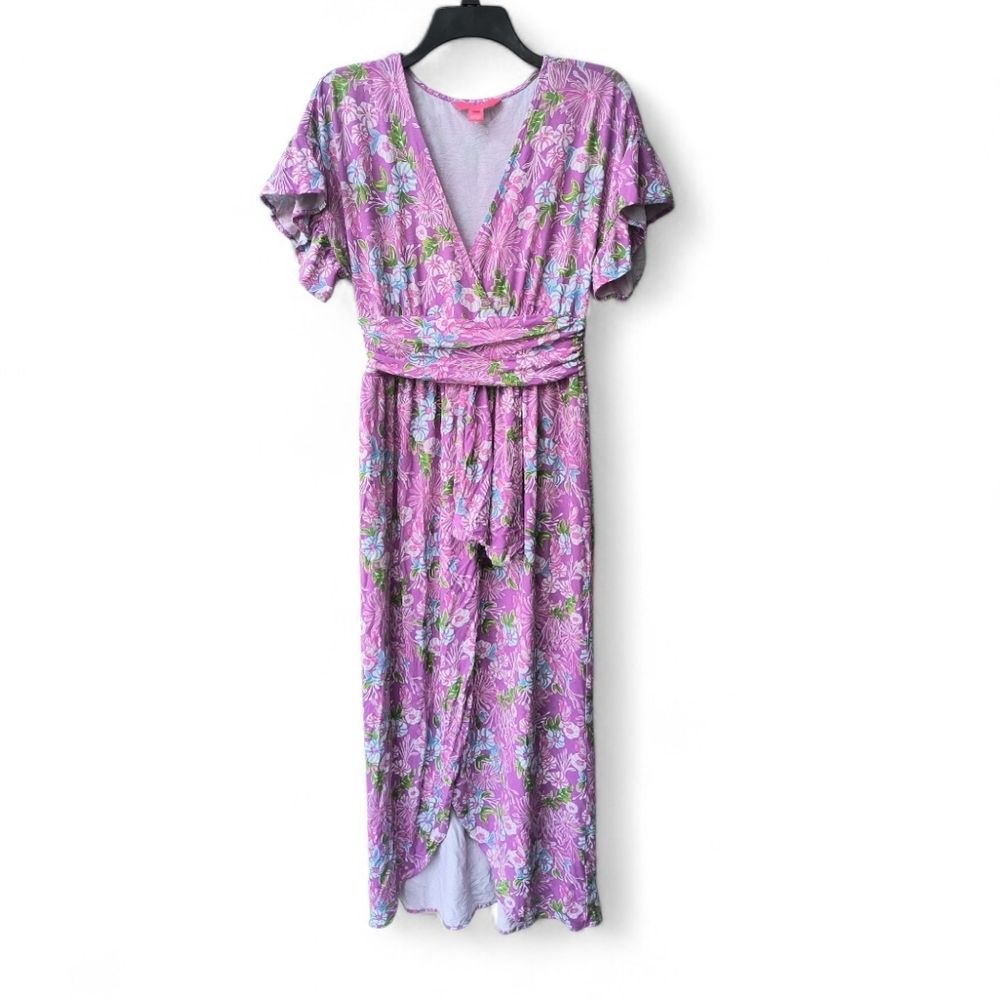 Lilly Pulitzer Pink Floral Anchorage Mom's The Word Midi High Low Dress M